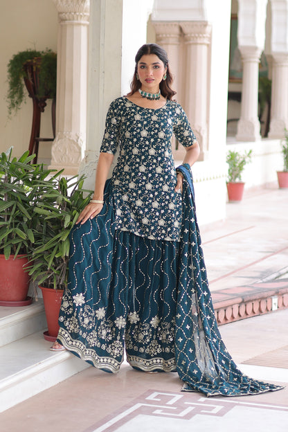 Regal Teal Faux Georgette Sharara Set