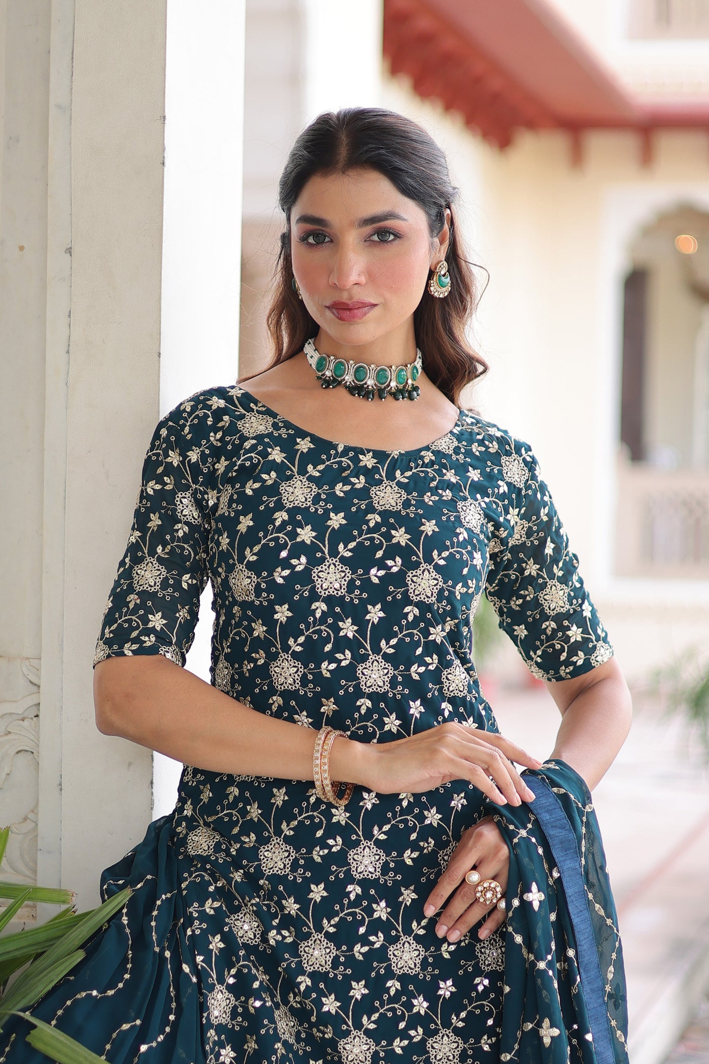 Regal Teal Faux Georgette Sharara Set