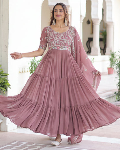 Elegant Dusty Rose Faux Blooming Sequins Embroidered Flared Gown
