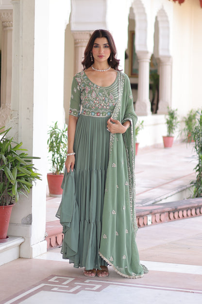 Elegant Pista Green Faux Blooming Sequins Embroidered Flared Gown