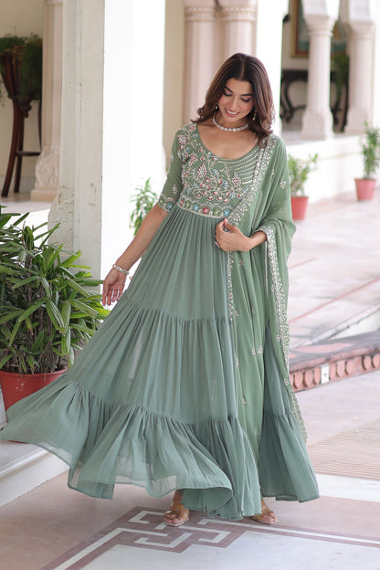 Elegant Pista Green Faux Blooming Sequins Embroidered Flared Gown