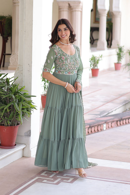 Elegant Pista Green Faux Blooming Sequins Embroidered Flared Gown