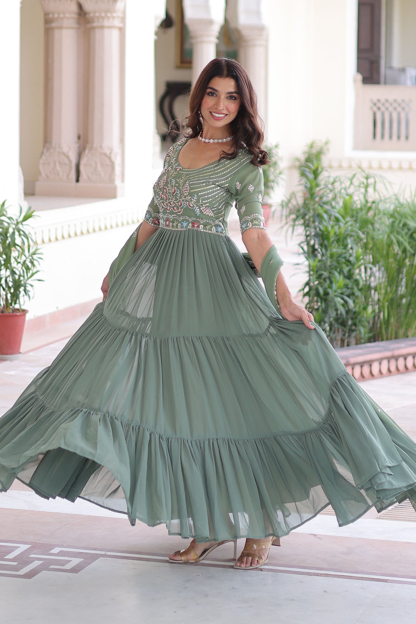 Elegant Pista Green Faux Blooming Sequins Embroidered Flared Gown