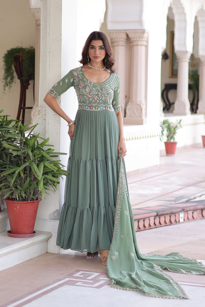 Elegant Pista Green Faux Blooming Sequins Embroidered Flared Gown