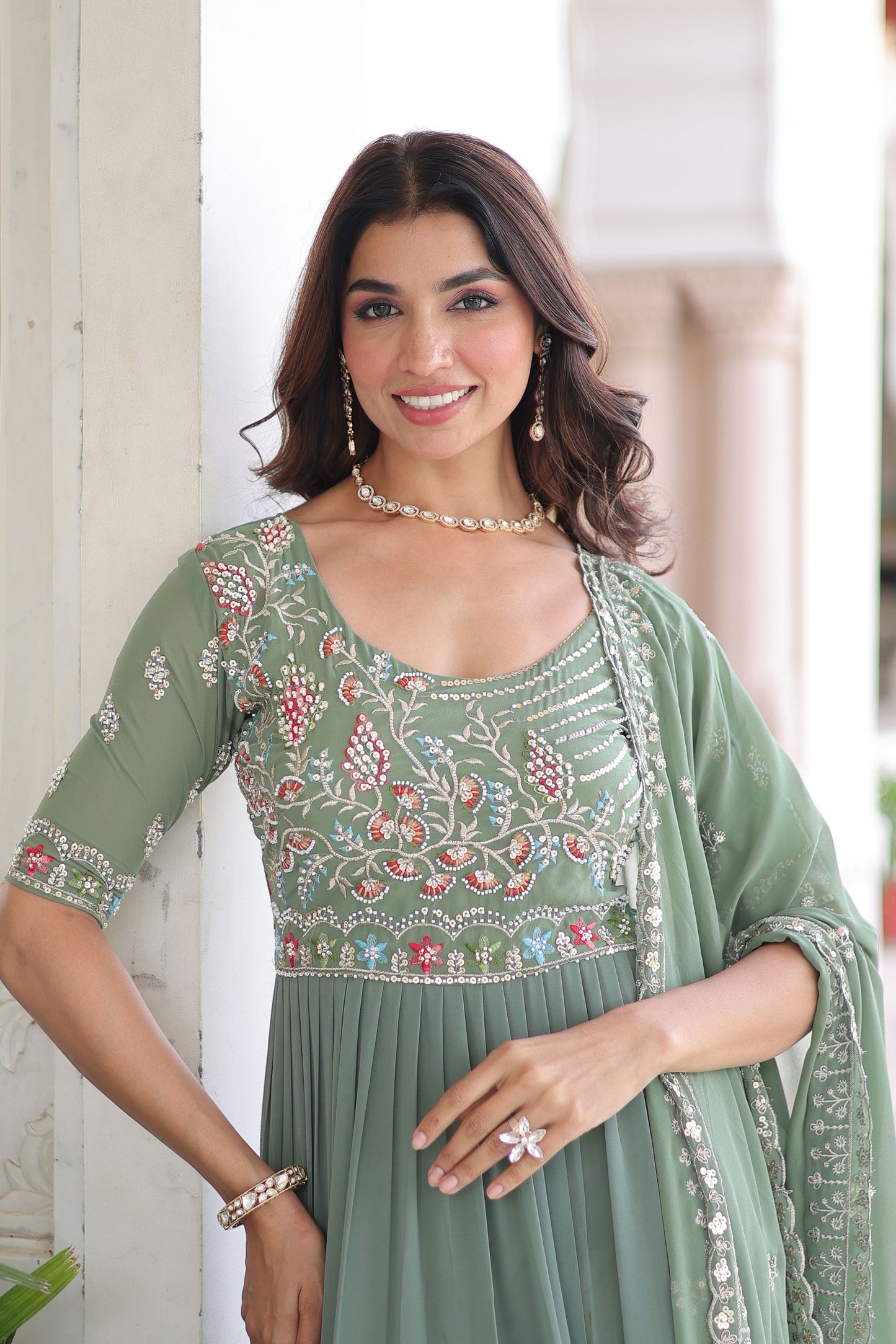 Elegant Pista Green Faux Blooming Sequins Embroidered Flared Gown
