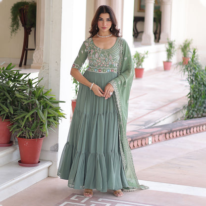 Elegant Pista Green Faux Blooming Sequins Embroidered Flared Gown
