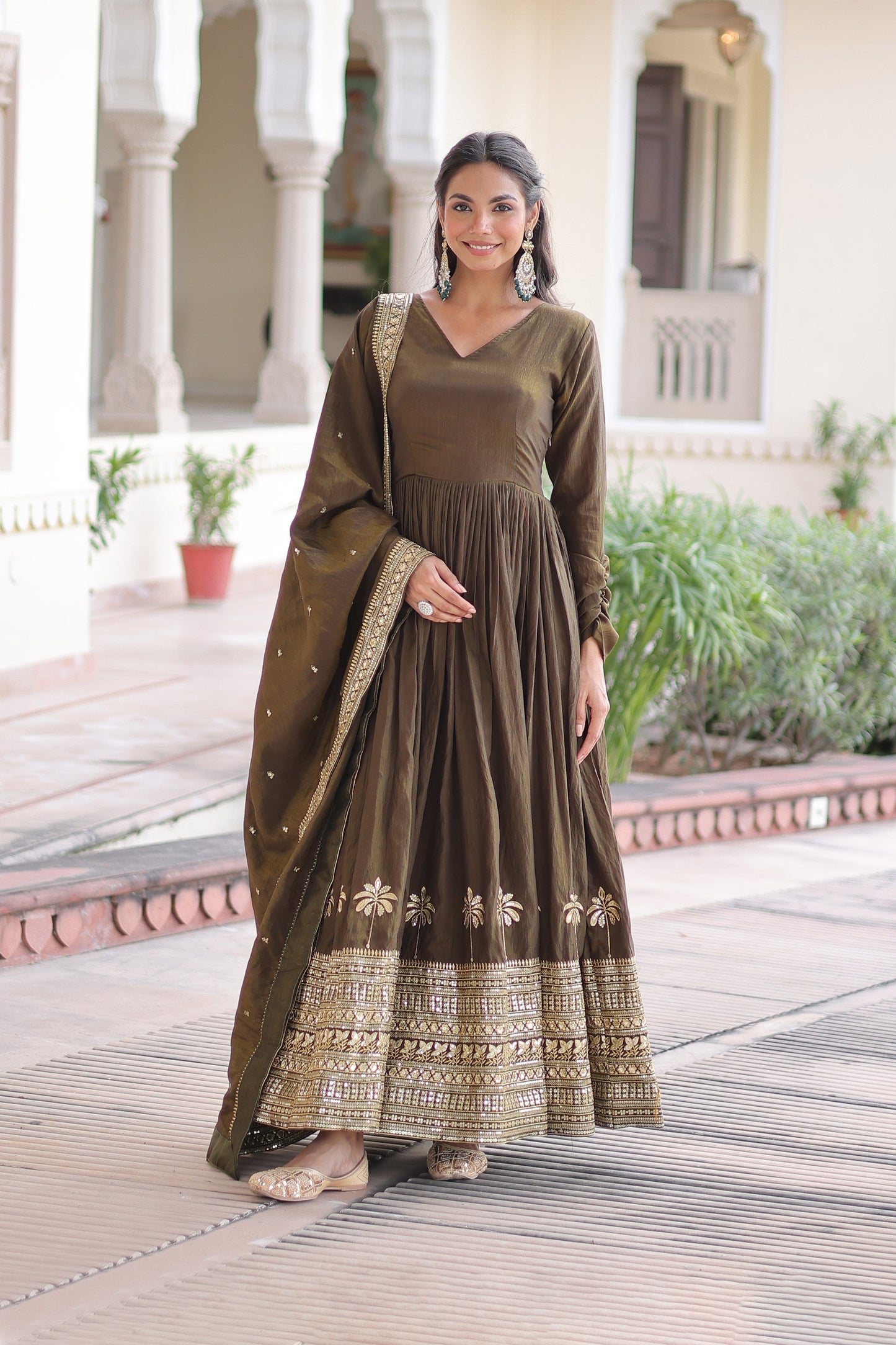 Mehendi Green Gown With Dupatta