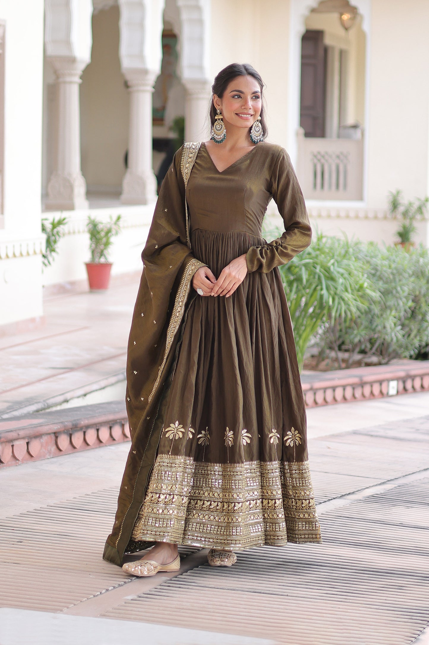Mehendi Green Gown With Dupatta