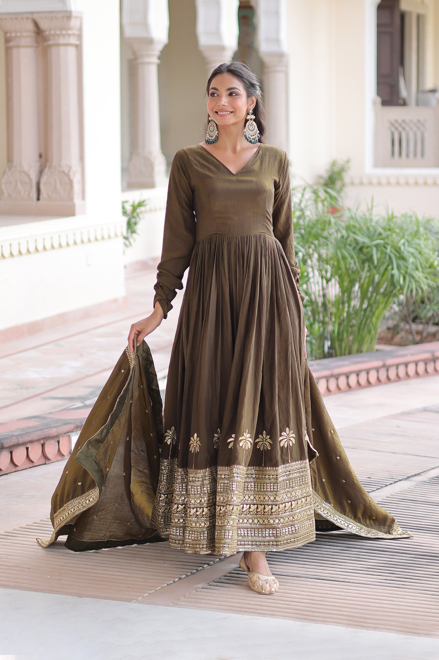 Mehendi Green Gown With Dupatta