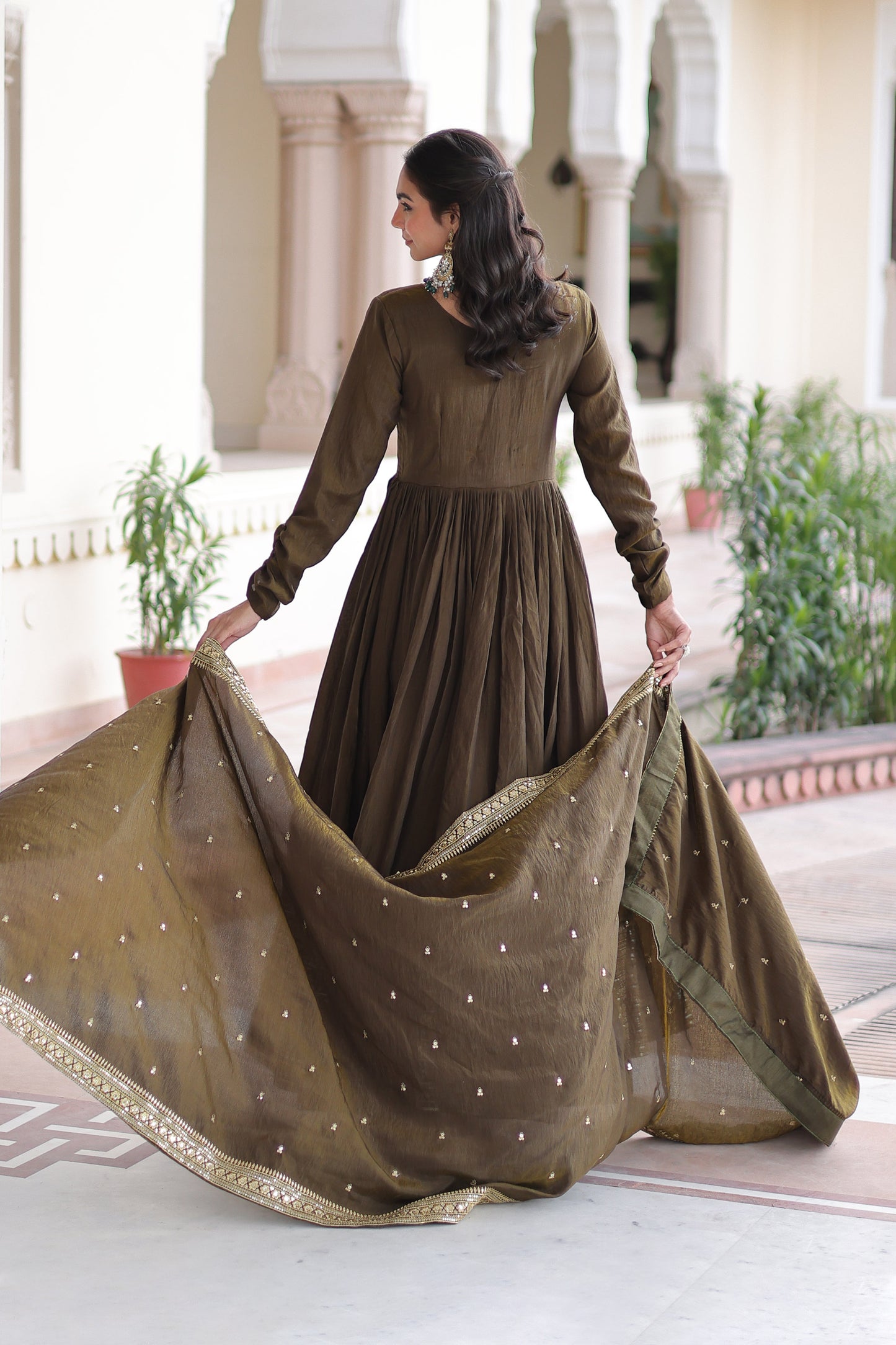 Mehendi Green Gown With Dupatta