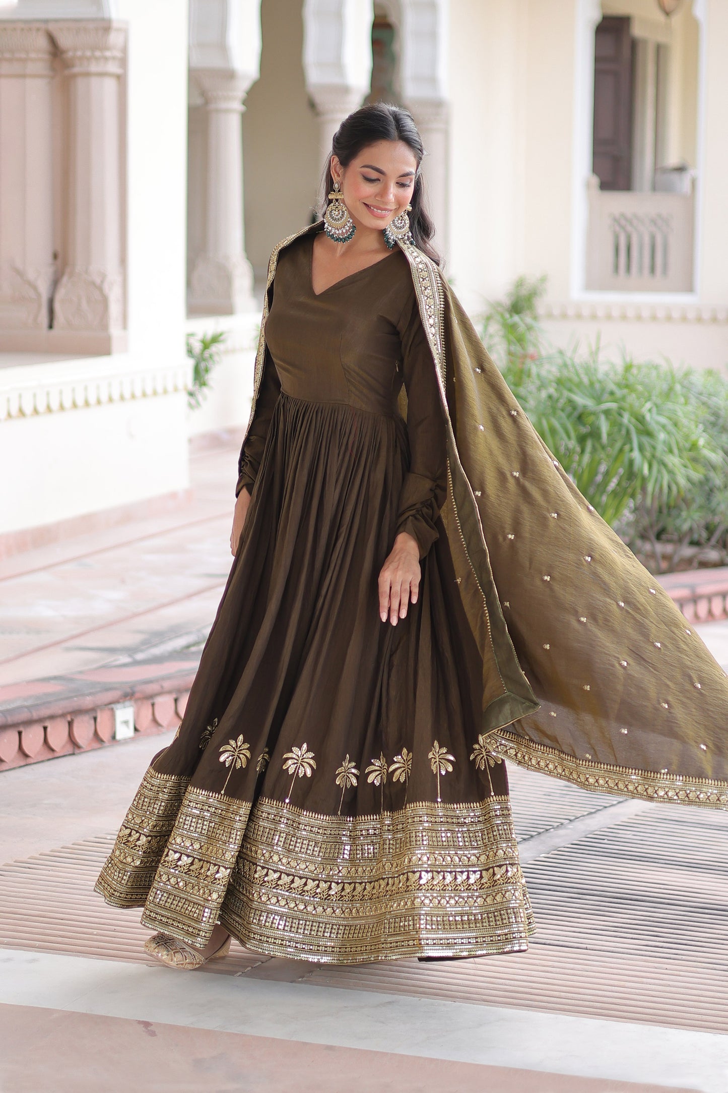 Mehendi Green Gown With Dupatta