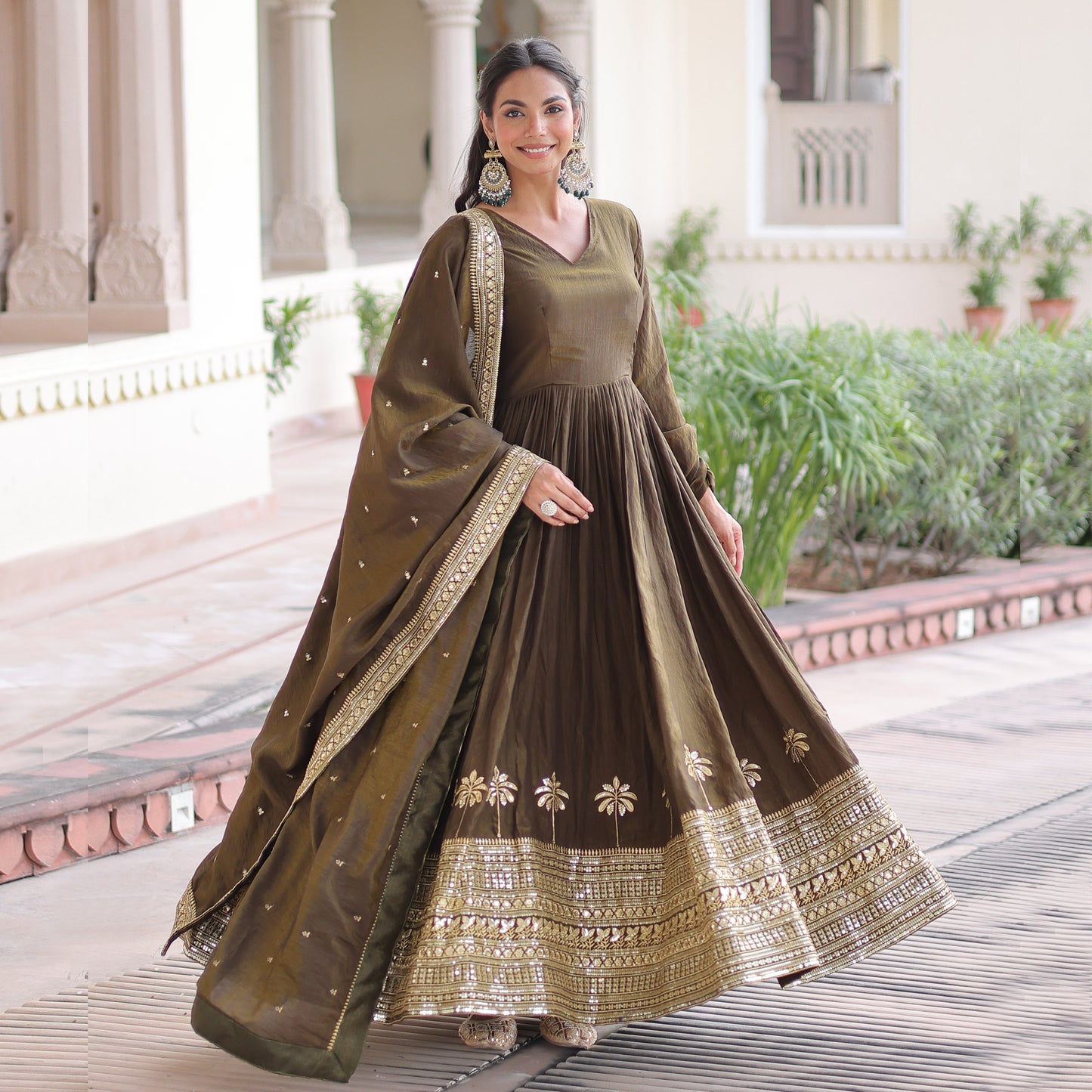 Mehendi Green Gown With Dupatta