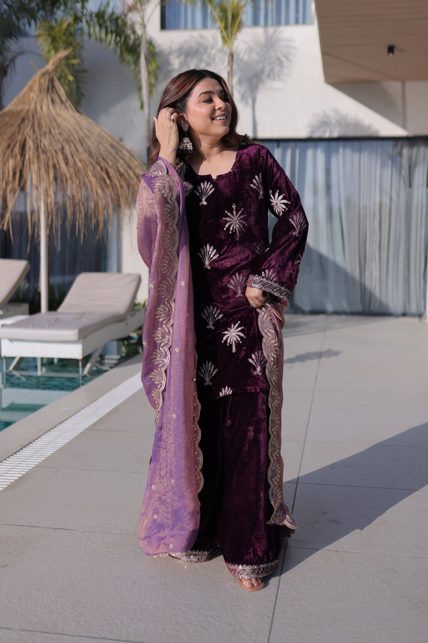 Royal Amethyst Velvet Palazzo Sharara Set