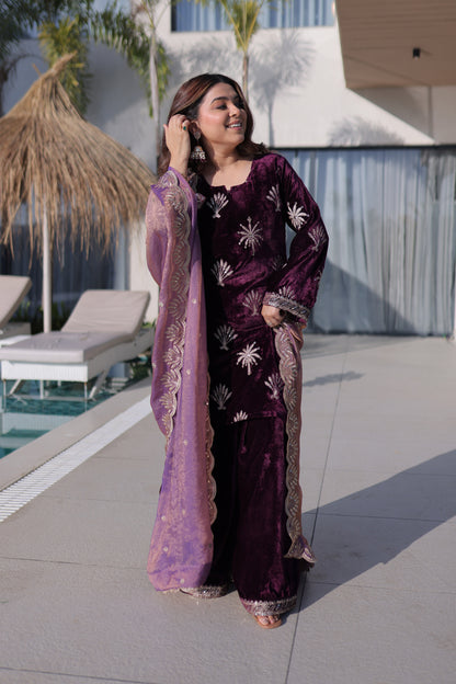 Royal Amethyst Velvet Palazzo Sharara Set