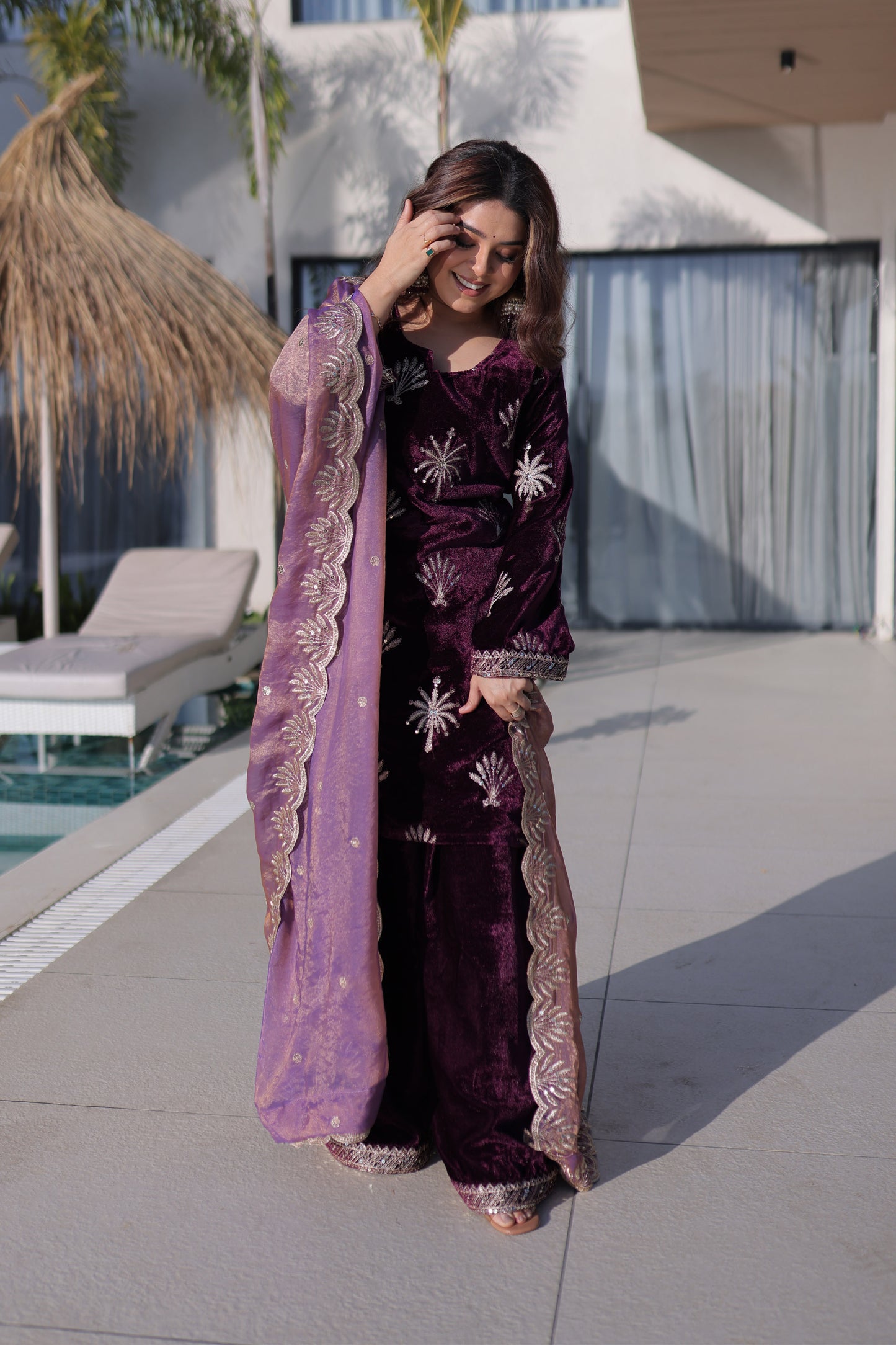 Royal Amethyst Velvet Palazzo Sharara Set