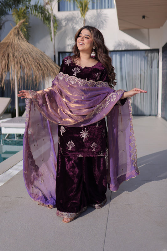 Royal Amethyst Velvet Palazzo Sharara Set