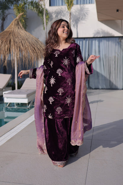 Royal Amethyst Velvet Palazzo Sharara Set