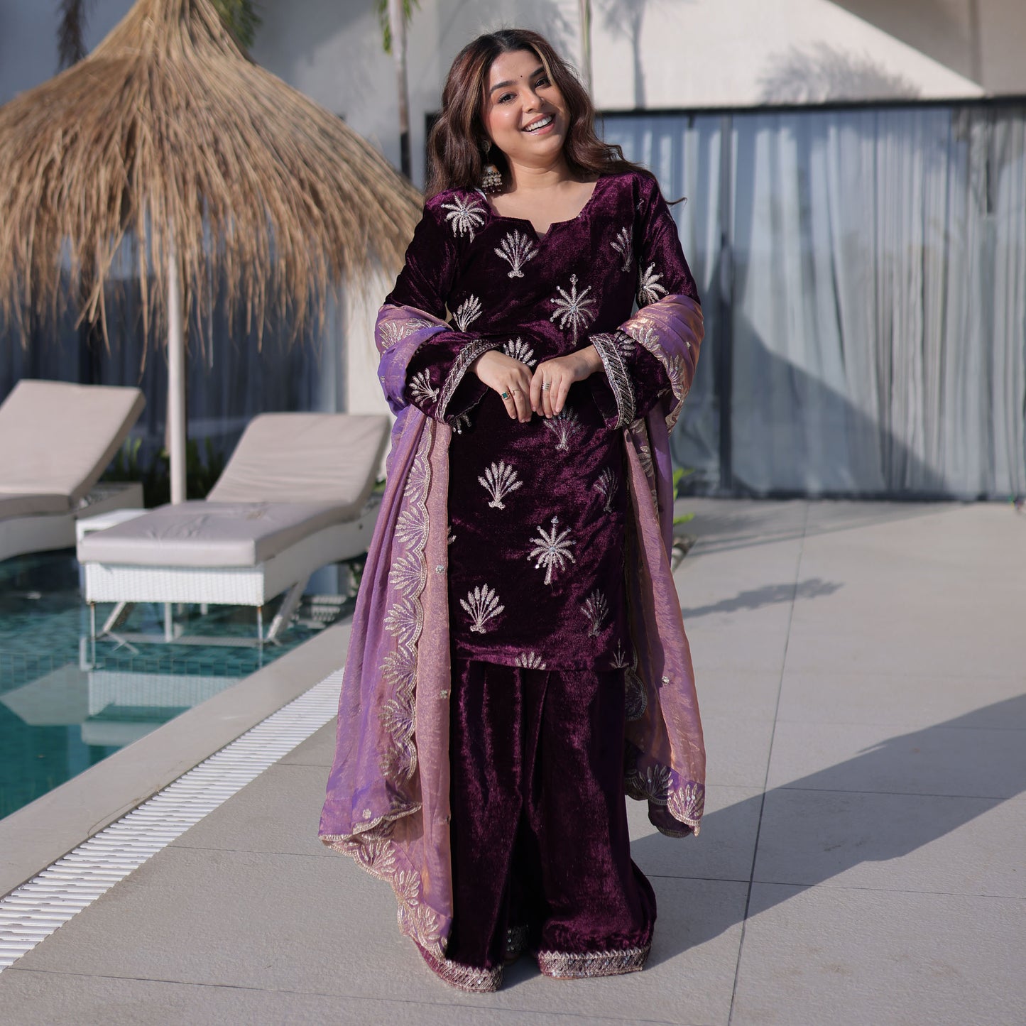 Royal Amethyst Velvet Palazzo Sharara Set