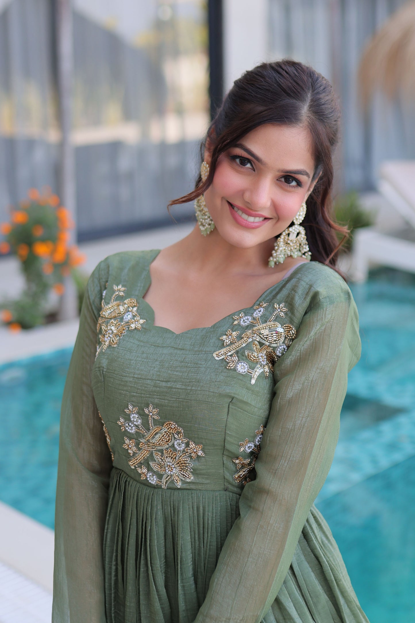 Aranya Sage Green Beads Embroidered Gown