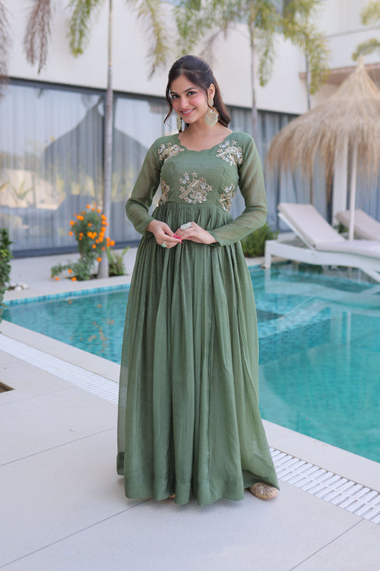 Aranya Sage Green Beads Embroidered Gown