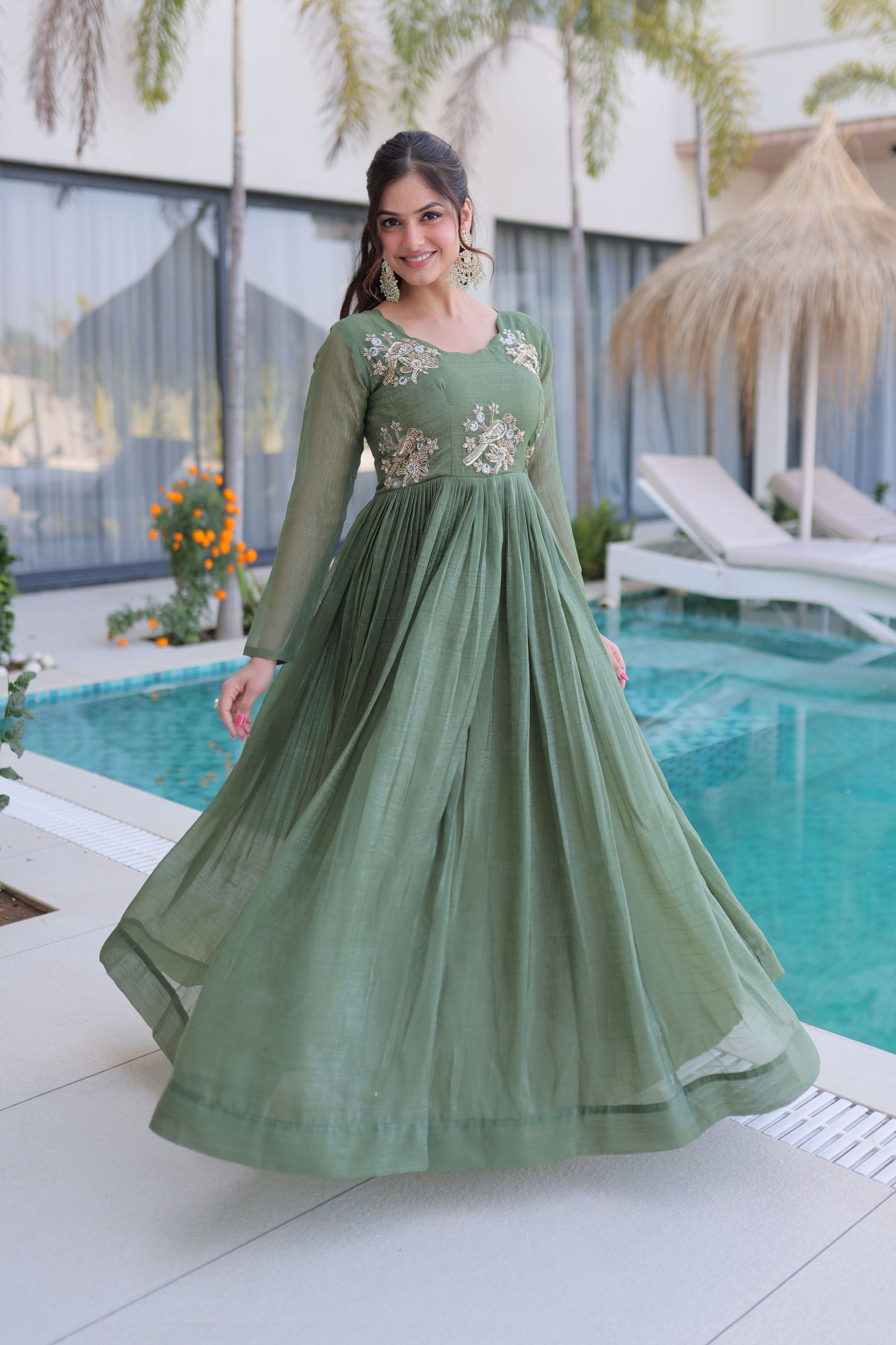 Aranya Sage Green Beads Embroidered Gown