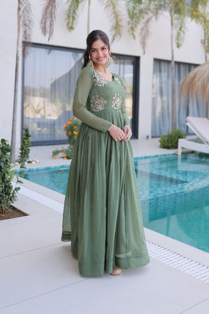 Aranya Sage Green Beads Embroidered Gown