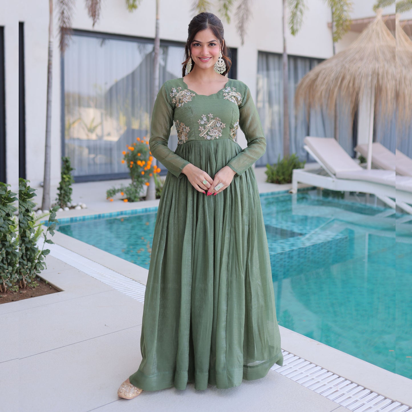 Aranya Sage Green Beads Embroidered Gown