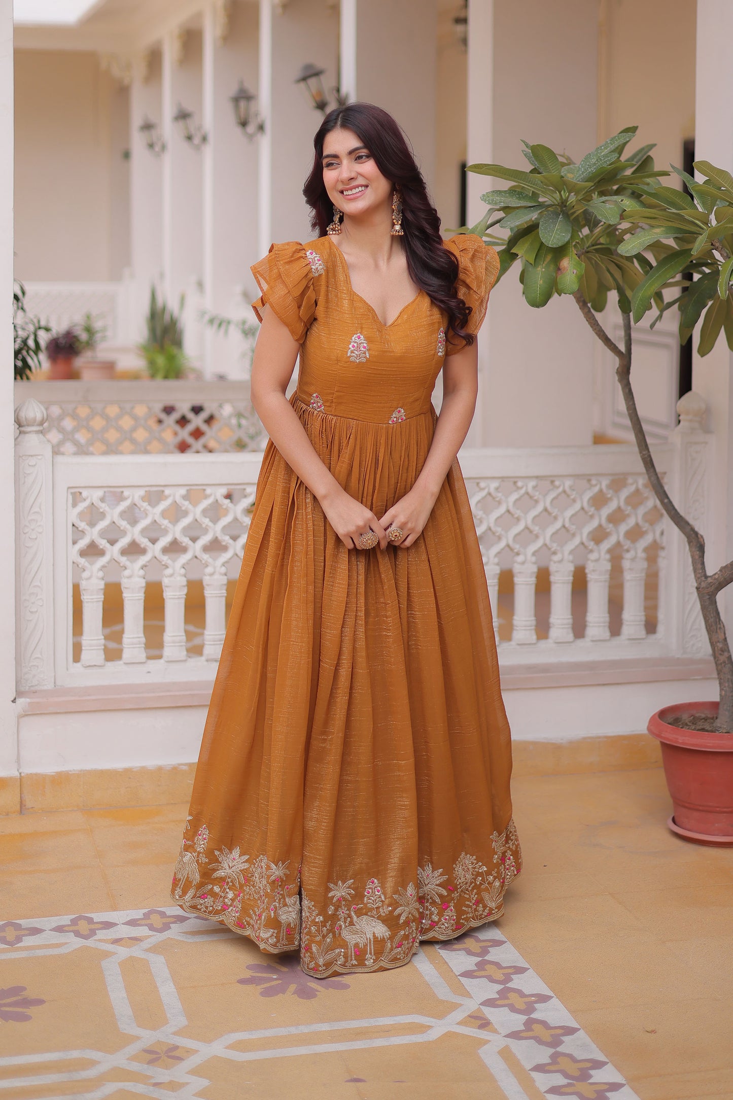 Shikara Mustard Embroidered Gown