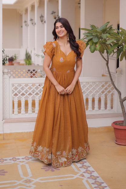 Shikara Mustard Embroidered Gown