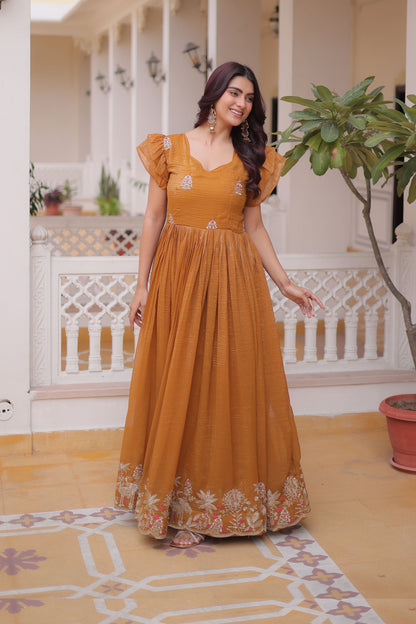 Shikara Mustard Embroidered Gown