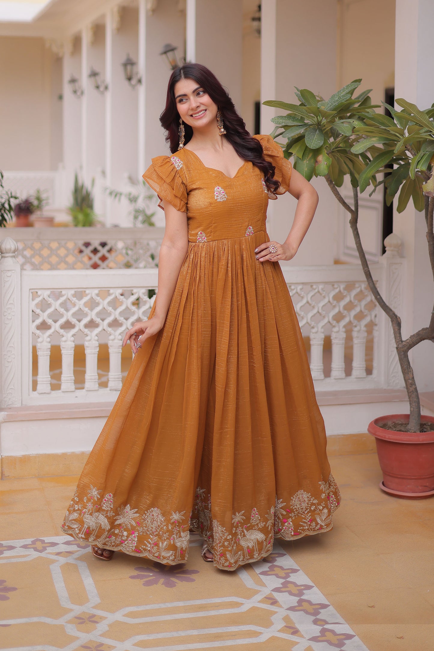 Shikara Mustard Embroidered Gown