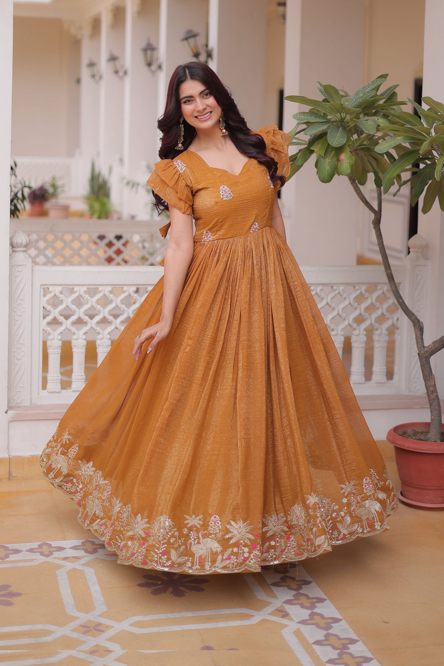 Shikara Mustard Embroidered Gown