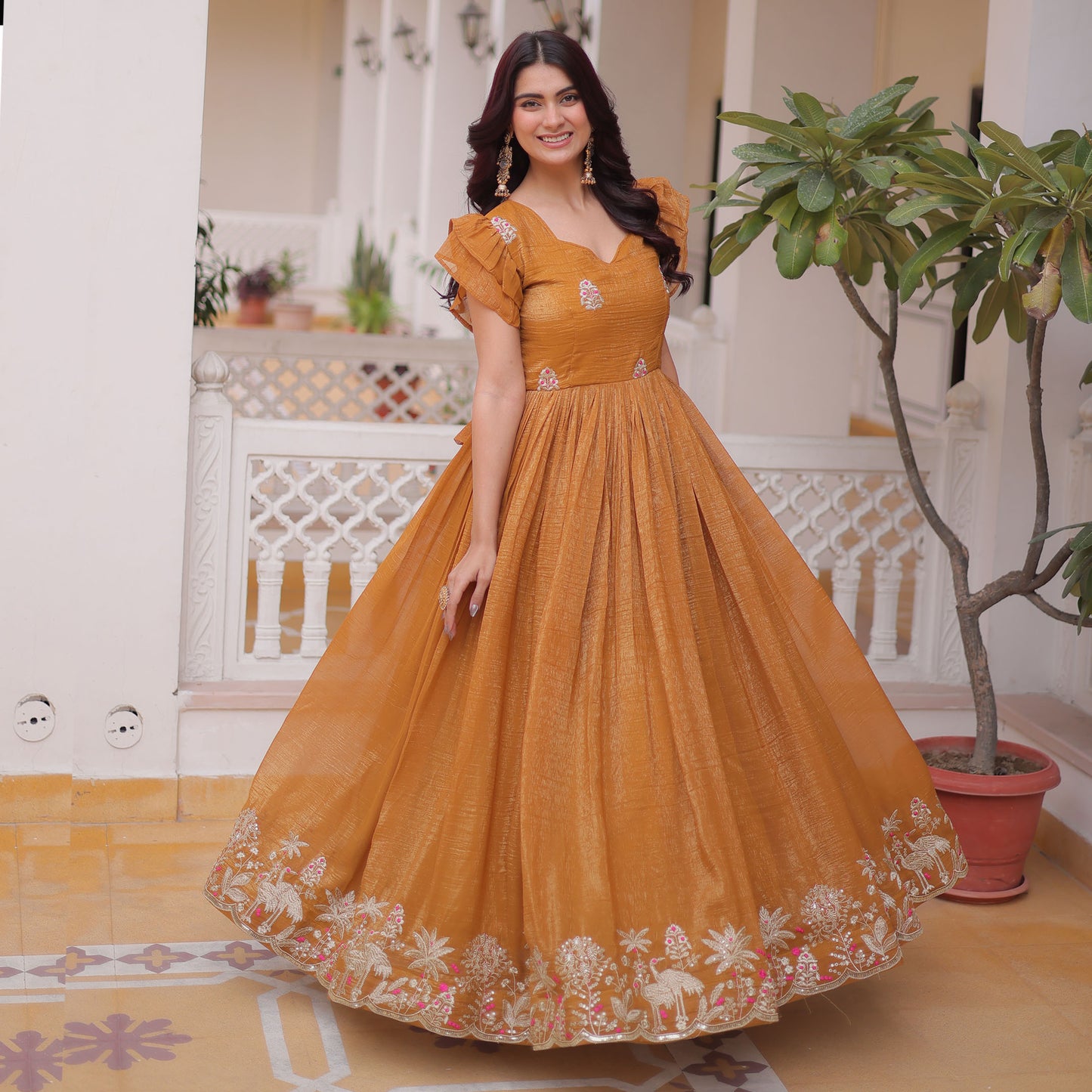 Shikara Mustard Embroidered Gown