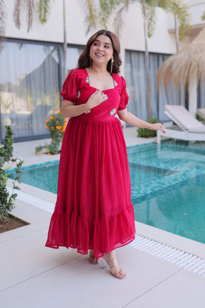 Ruby Reddish Pink Embroidered Gown with Puff Sleeves