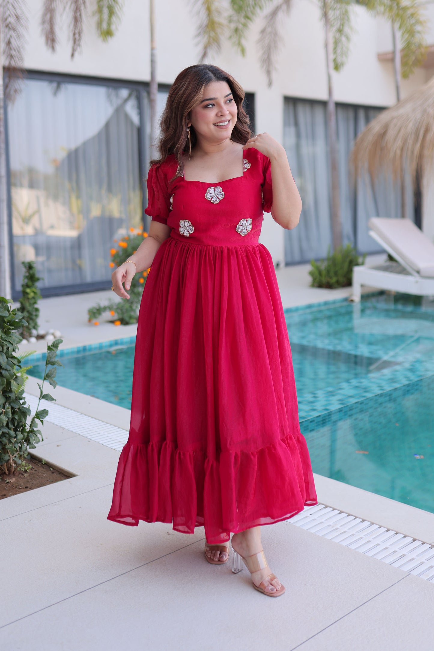 Ruby Reddish Pink Embroidered Gown with Puff Sleeves