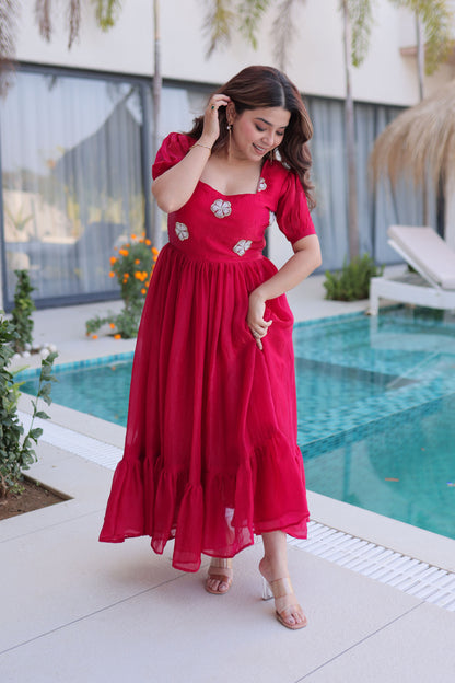Ruby Reddish Pink Embroidered Gown with Puff Sleeves