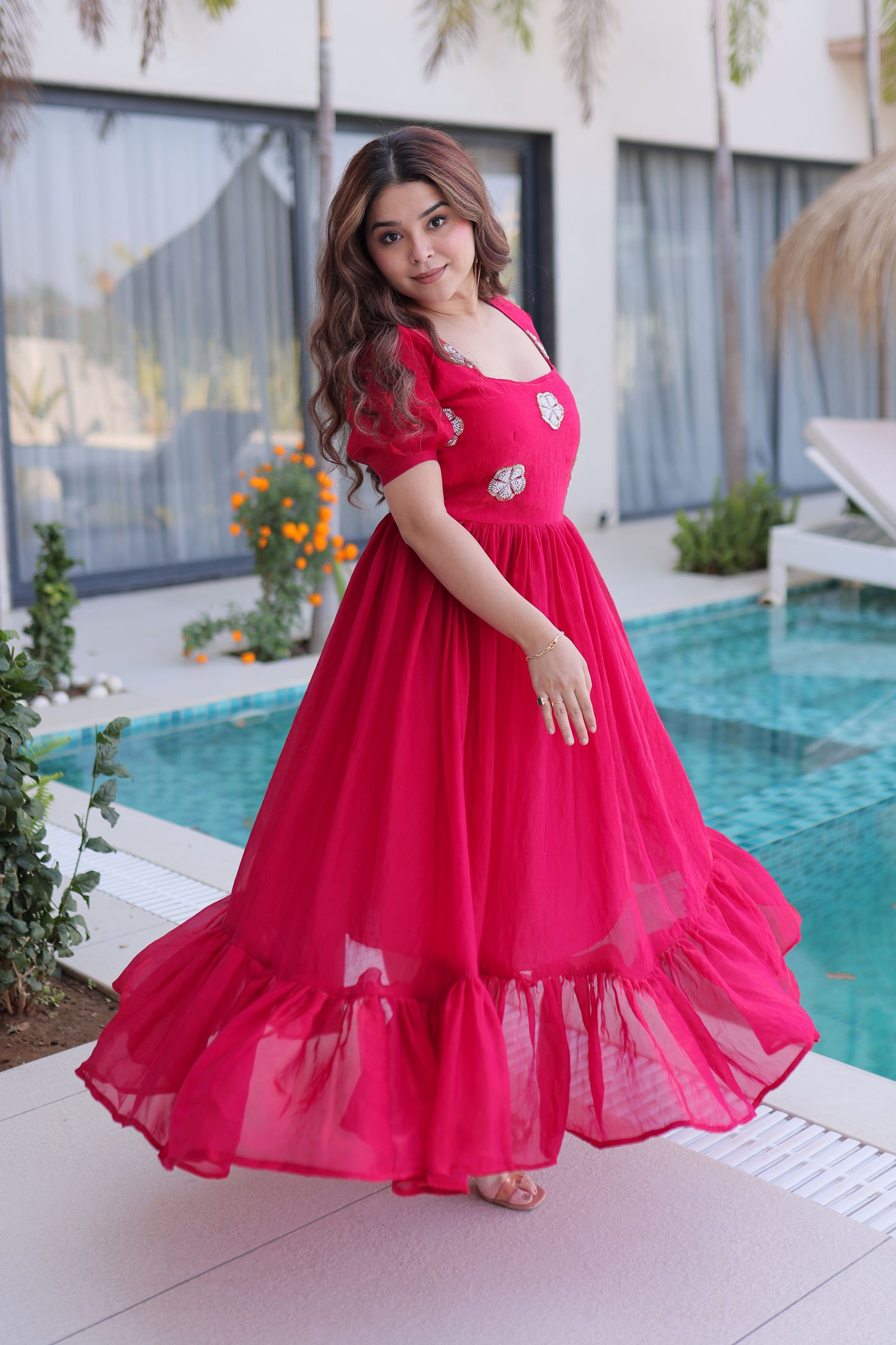 Ruby Reddish Pink Embroidered Gown with Puff Sleeves