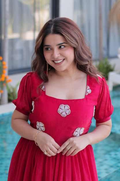 Ruby Reddish Pink Embroidered Gown with Puff Sleeves