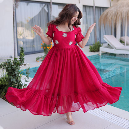 Ruby Reddish Pink Embroidered Gown with Puff Sleeves