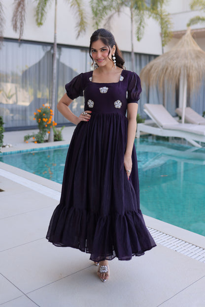 Dark Wine Embroidered Gown with Puff Sleeves