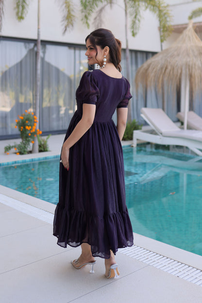 Dark Wine Embroidered Gown with Puff Sleeves