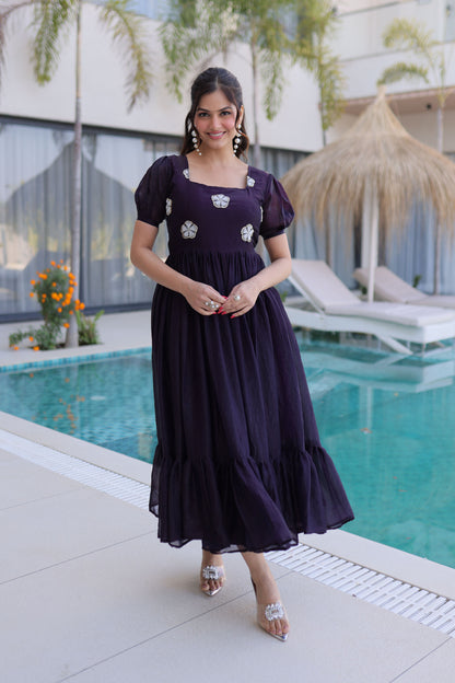 Dark Wine Embroidered Gown with Puff Sleeves