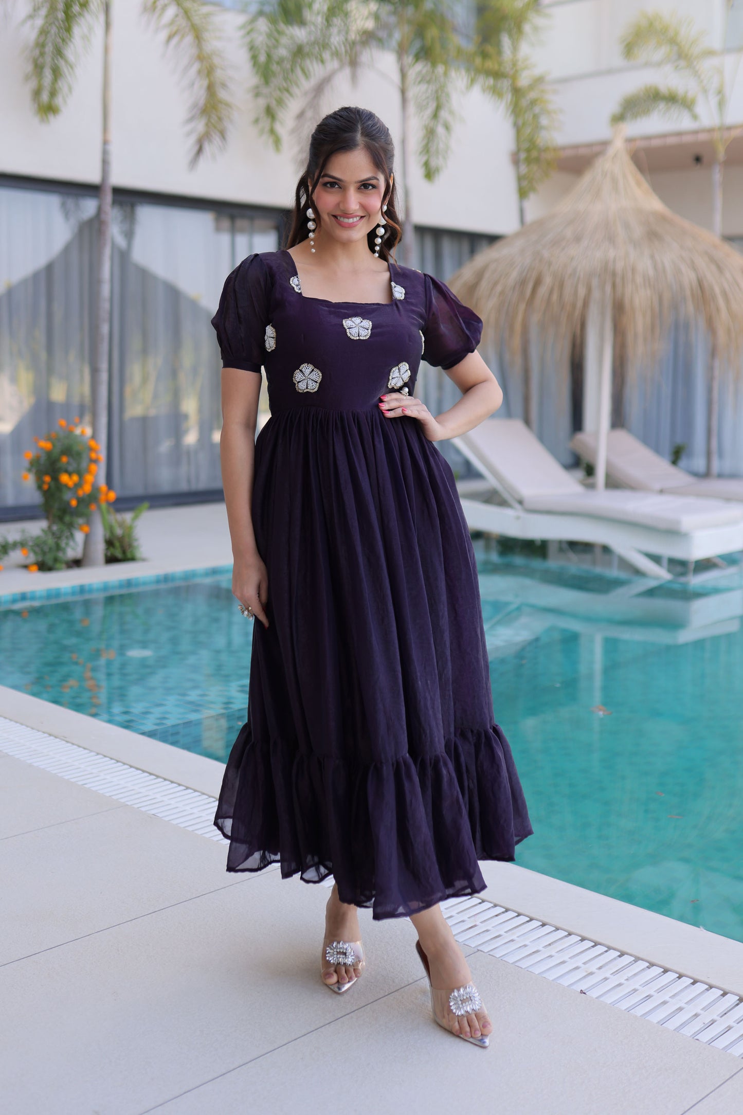 Dark Wine Embroidered Gown with Puff Sleeves