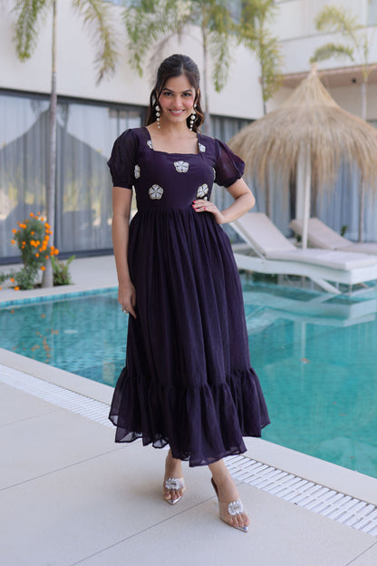 Dark Wine Embroidered Gown with Puff Sleeves