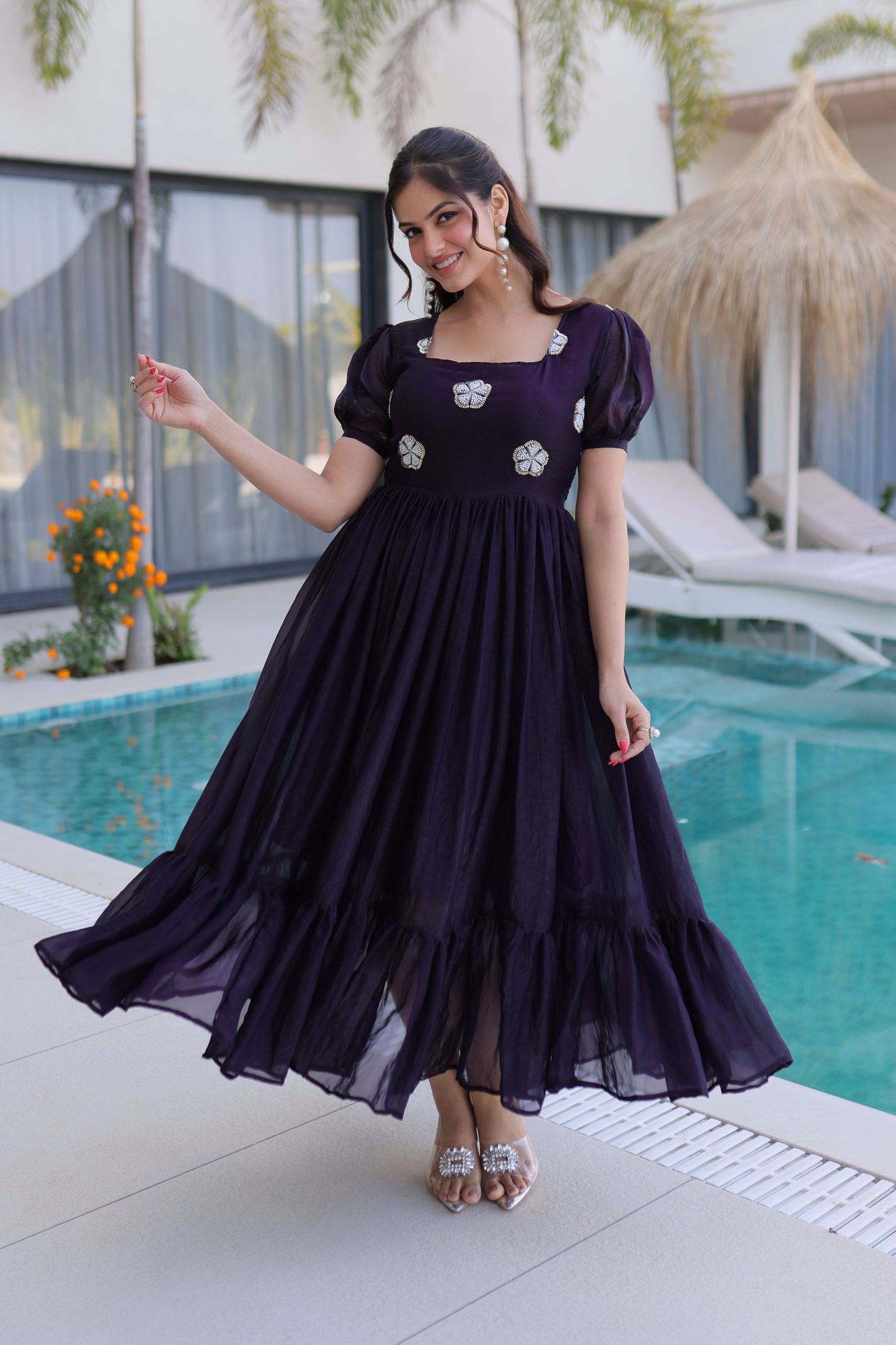 Dark Wine Embroidered Gown with Puff Sleeves