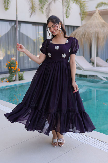 Dark Wine Embroidered Gown with Puff Sleeves