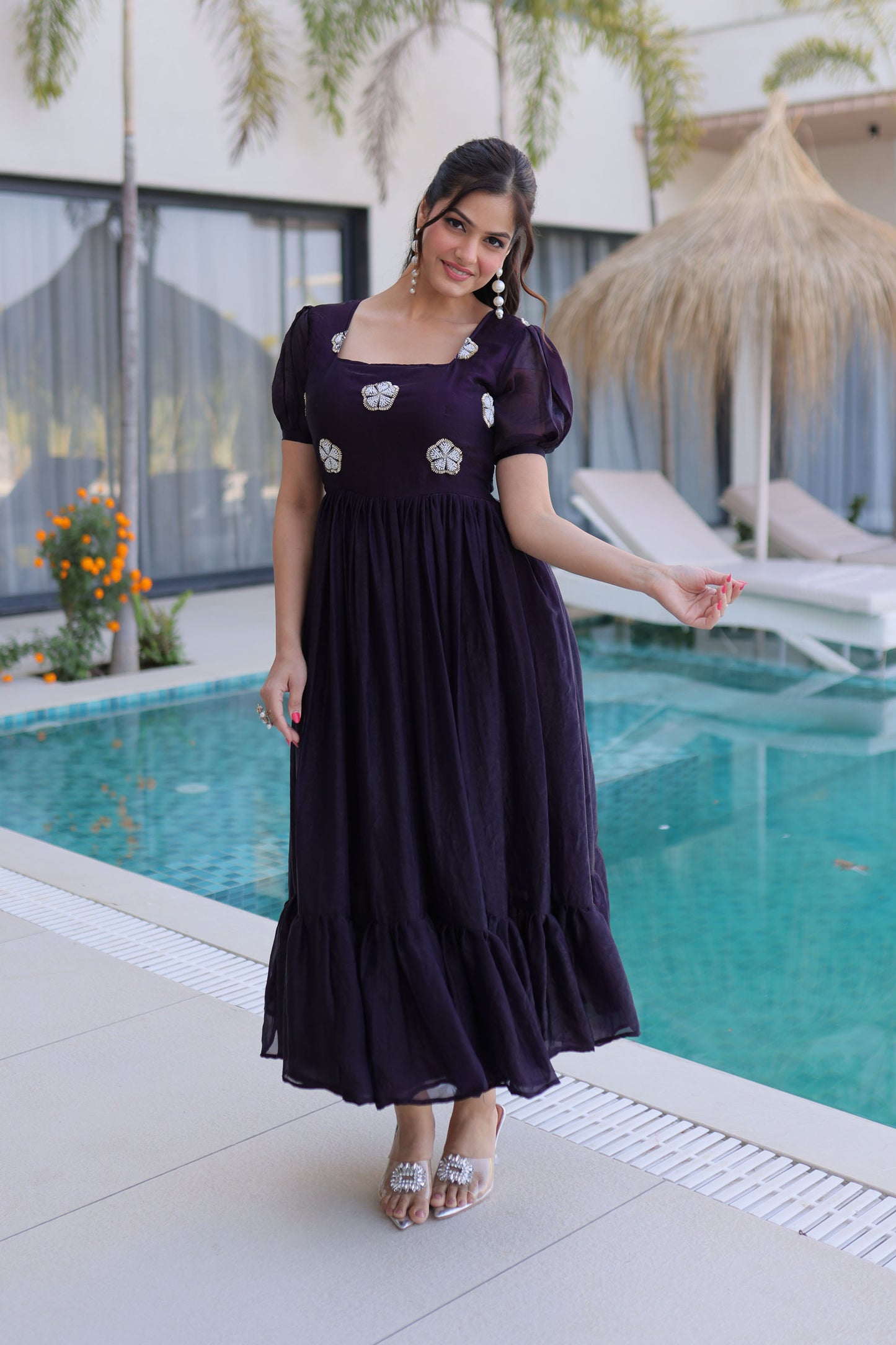 Dark Wine Embroidered Gown with Puff Sleeves