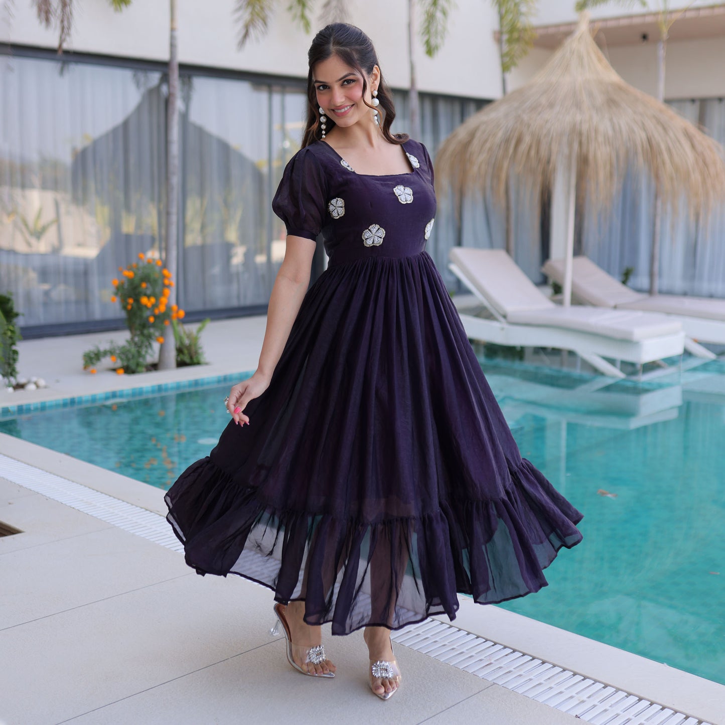 Dark Wine Embroidered Gown with Puff Sleeves