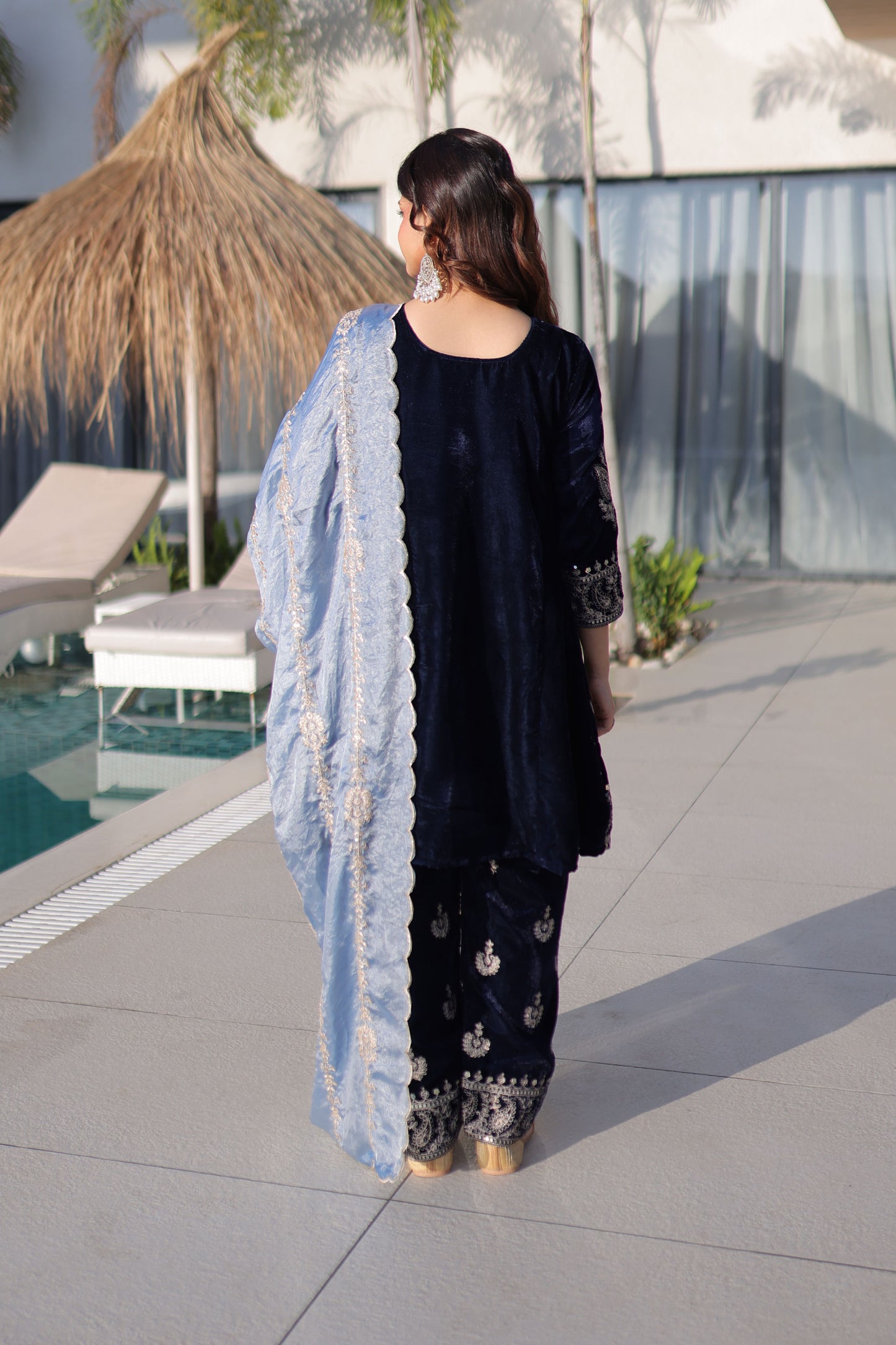 Royal Midnight Blue Velvet Embroidered Sharara Set
