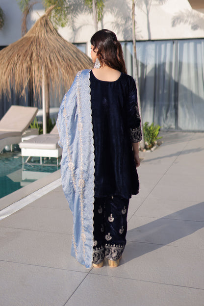 Royal Midnight Blue Velvet Embroidered Sharara Set